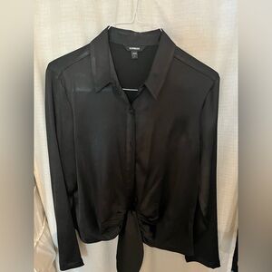 Express Black Satin Tie-Front Shirt